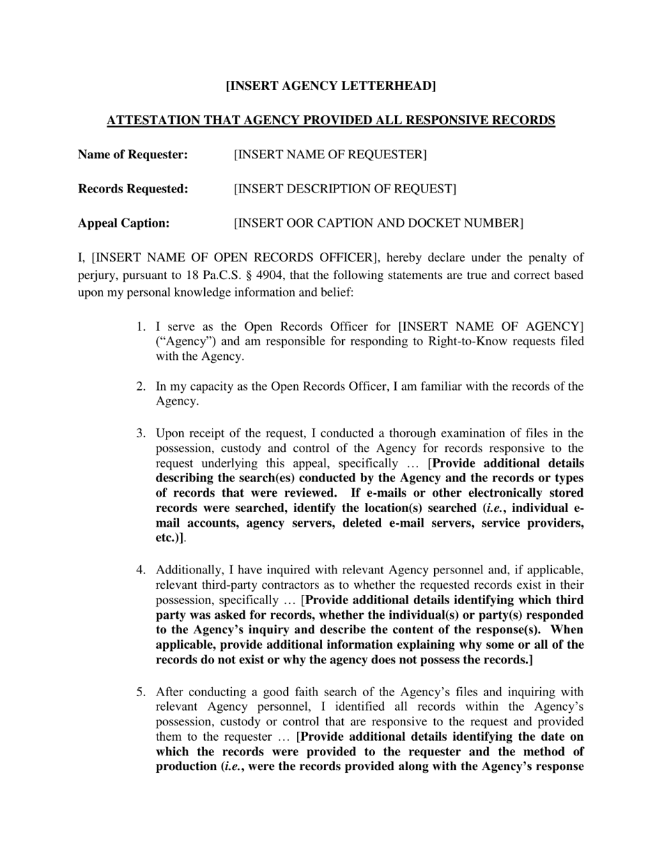 Attestation That Agency Provided All Responsive Records - Pennsylvania, Page 1