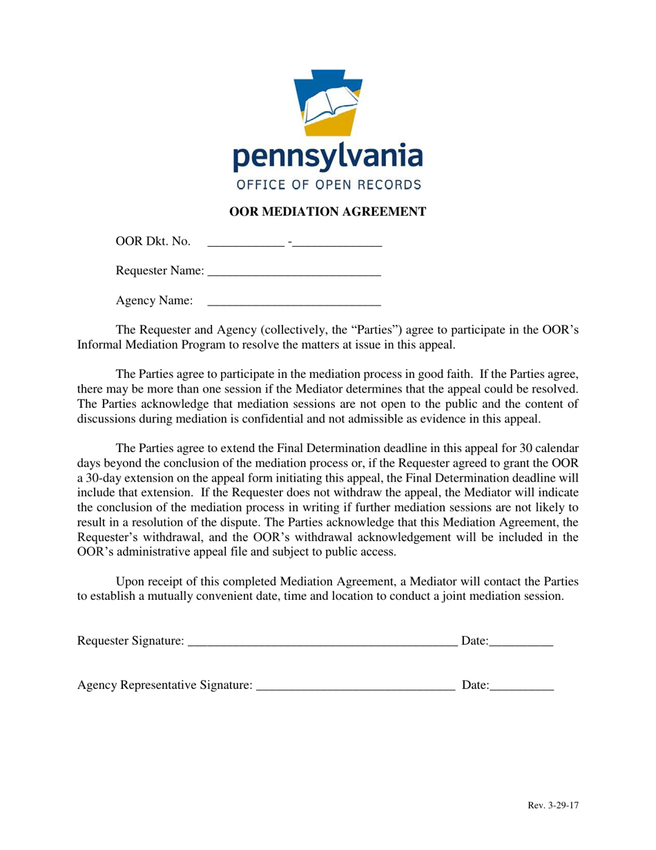 Oor Mediation Agreement Form - Pennsylvania, Page 1