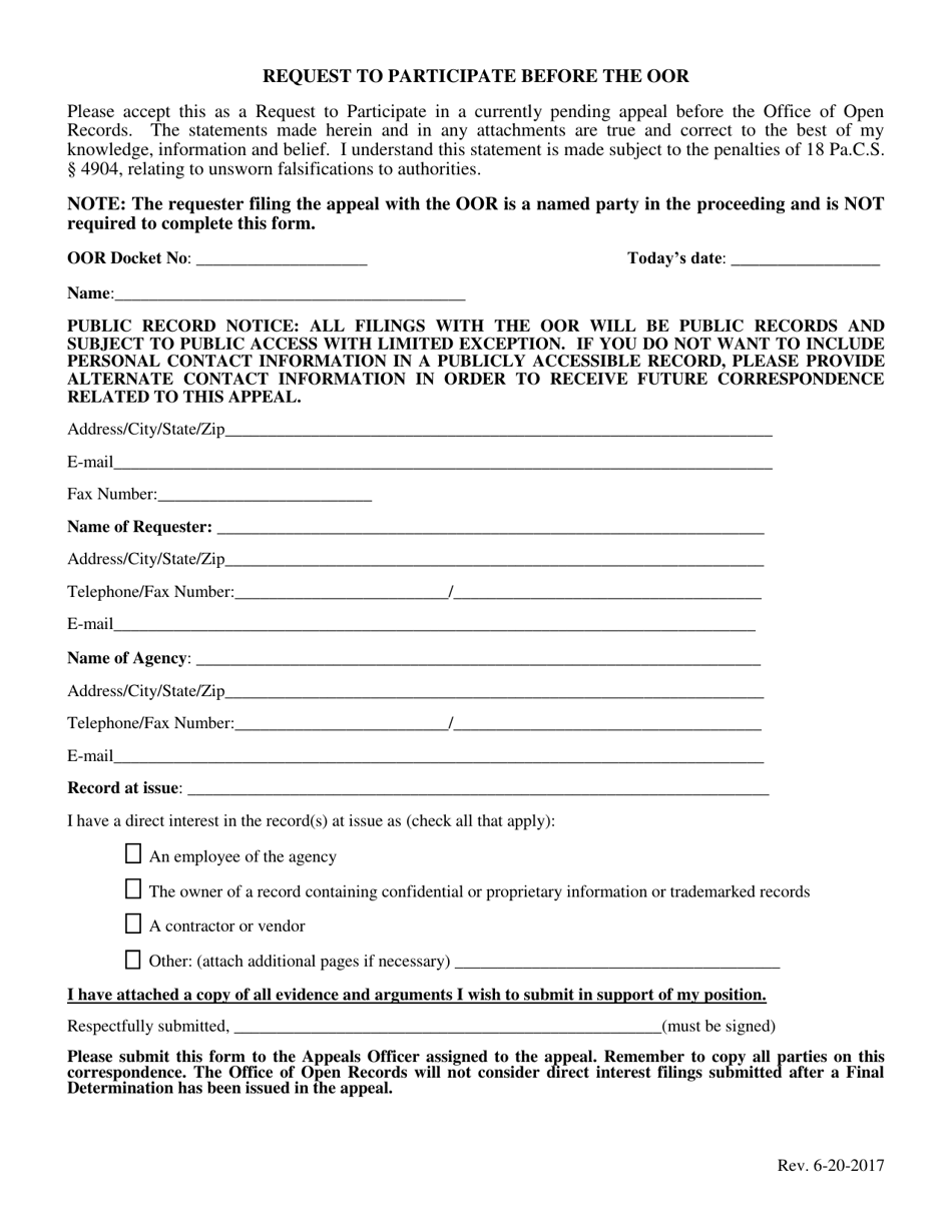 Request to Participate Before the Oor - Pennsylvania, Page 1