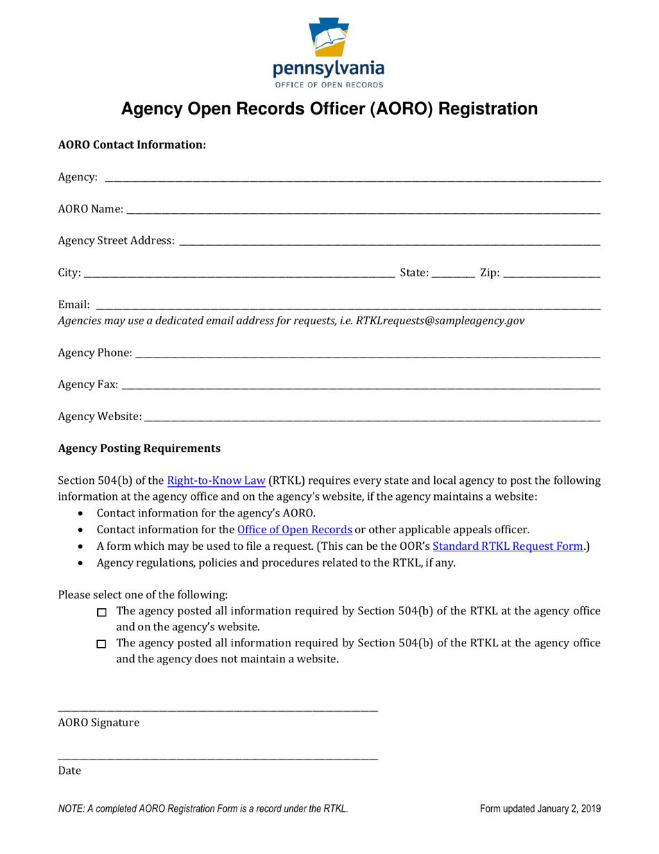 Agency Open Records Officer (Aoro) Registration - Pennsylvania, Page 1