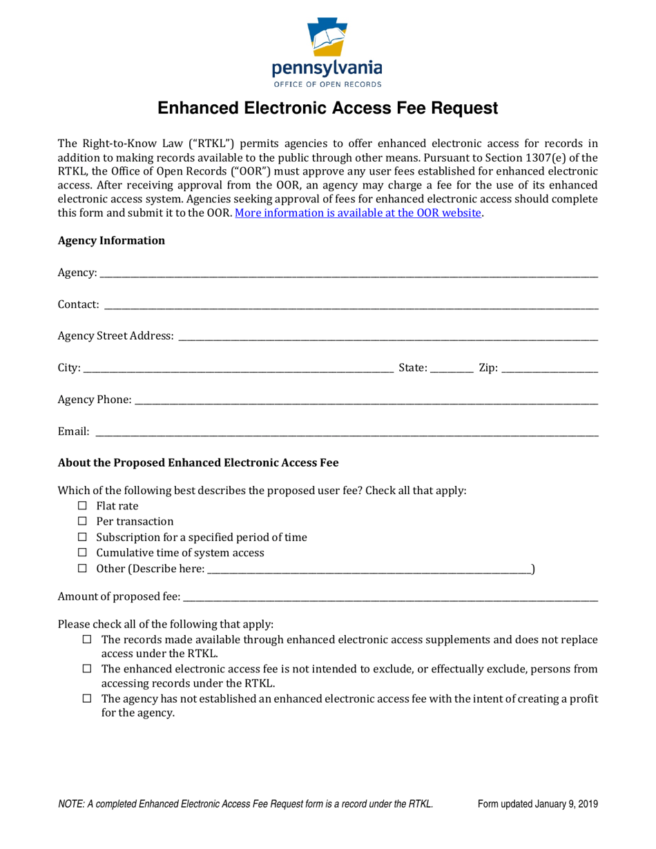 Pennsylvania Enhanced Electronic Access Fee Request Download Fillable