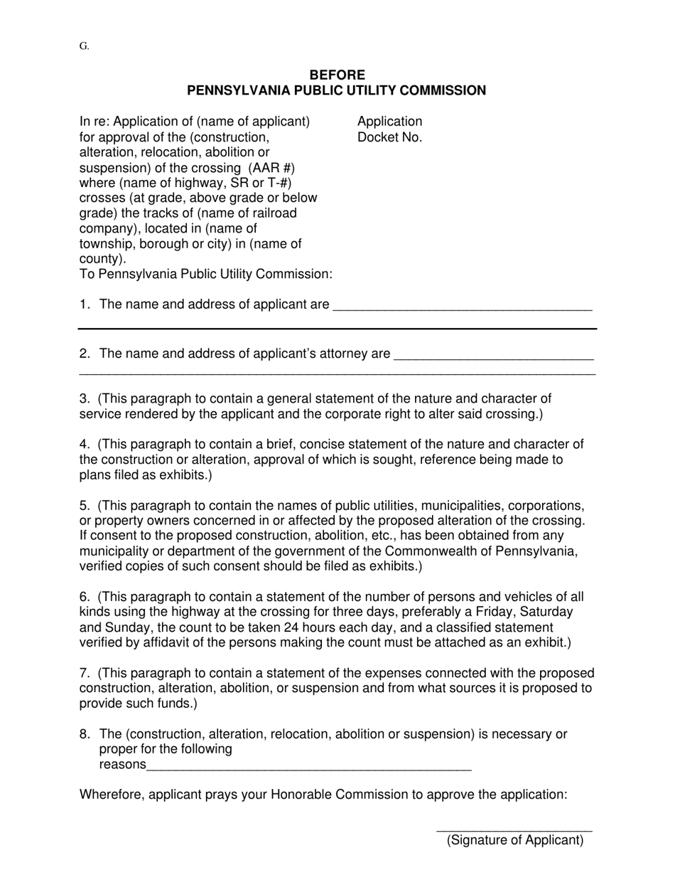 Form G Application for Approval for the Construction of, Alteration, Relocation, Abolition or Suspension of a Public Crossing by Utility Companies - Pennsylvania, Page 1