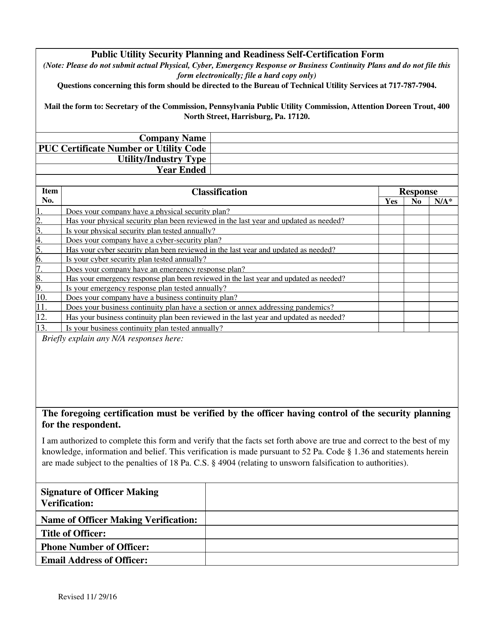 Public Utility Security Planning and Readiness Self-certification Form - Pennsylvania Download Pdf