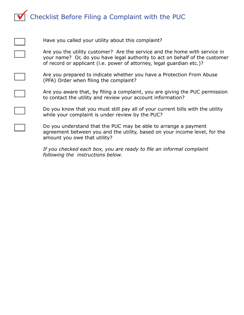 Complaint Checklist - Pennsylvania, Page 1