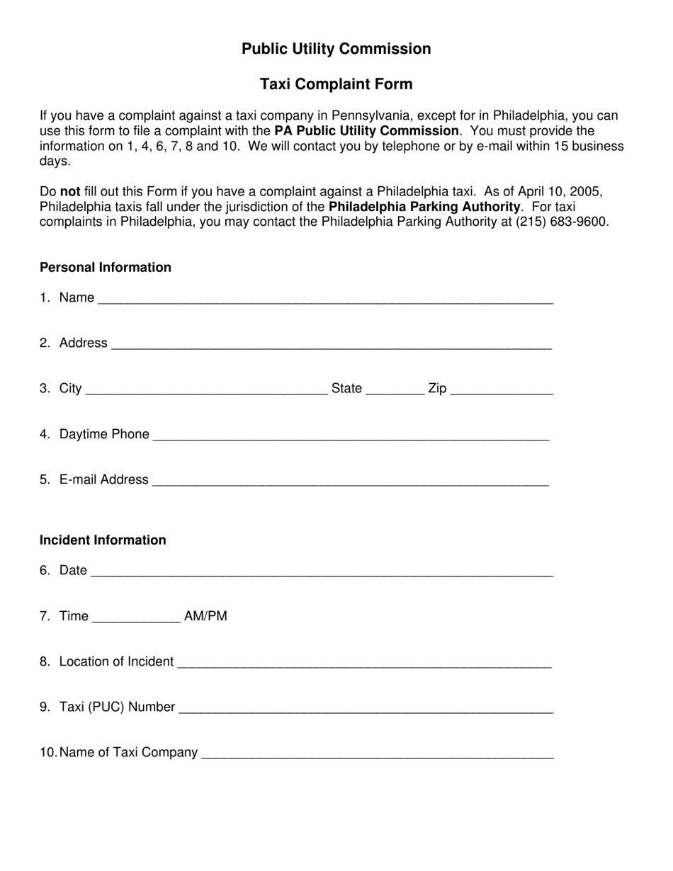 Taxi Complaint Form - Pennsylvania, Page 1