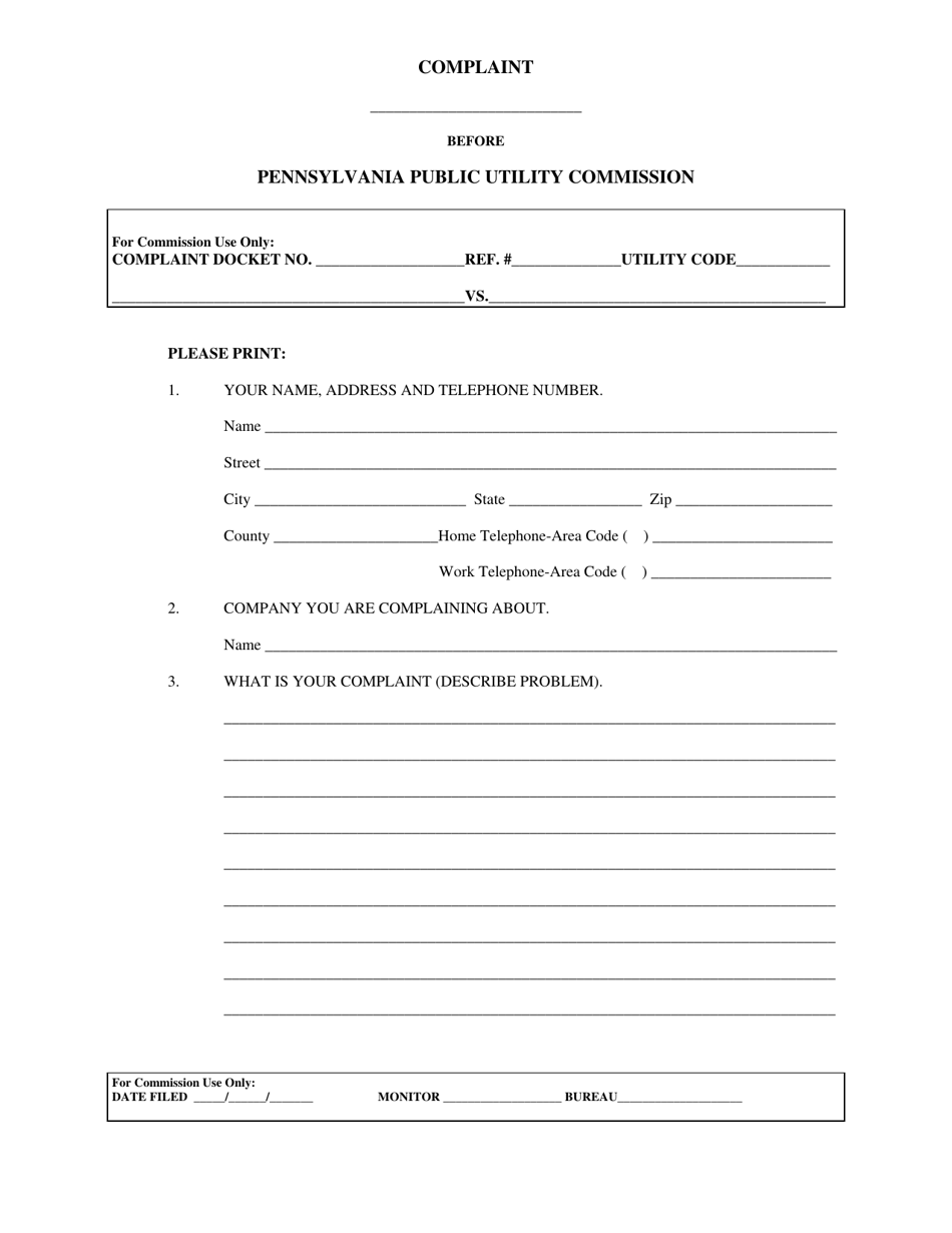 Pennsylvania Railway Formal Complaint Form Download Printable PDF