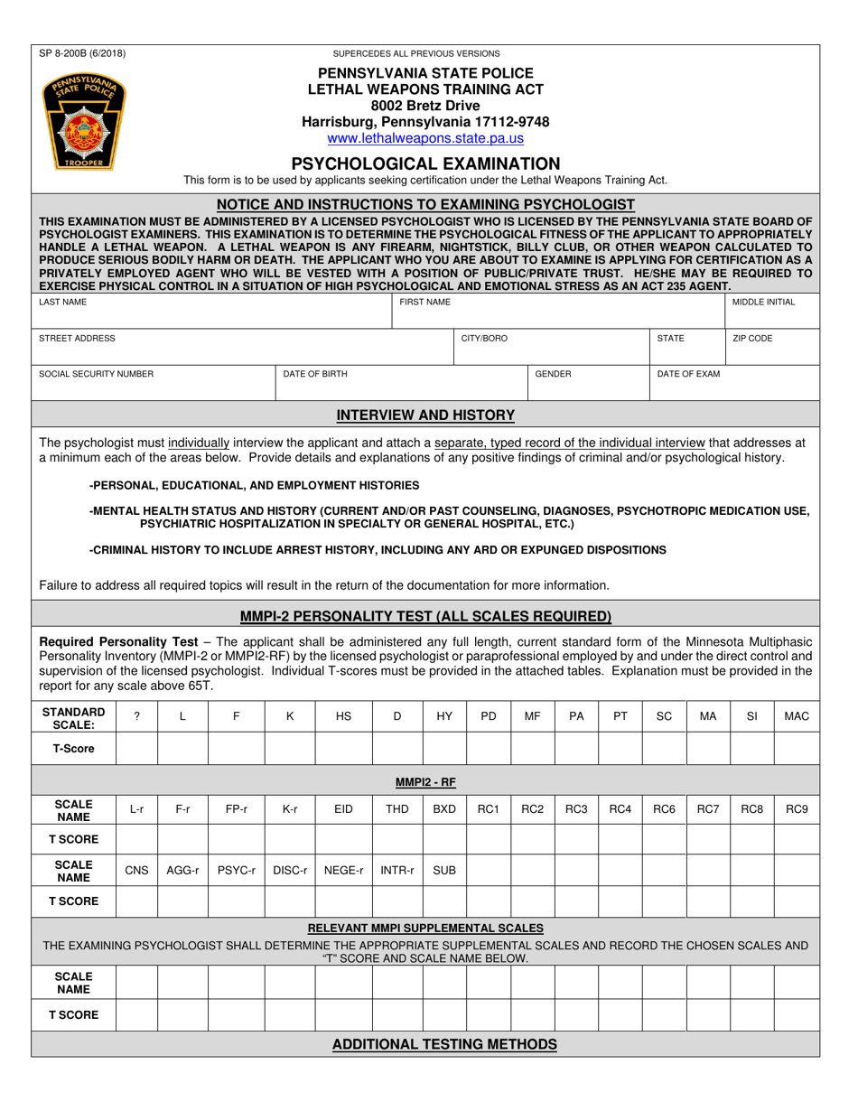 Form SP8-200B Psychological Examination - Pennsylvania, Page 1