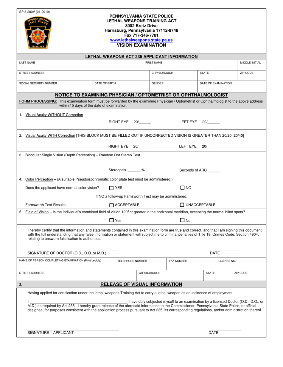Form SP8-200V Vision Examination - Pennsylvania, Page 1