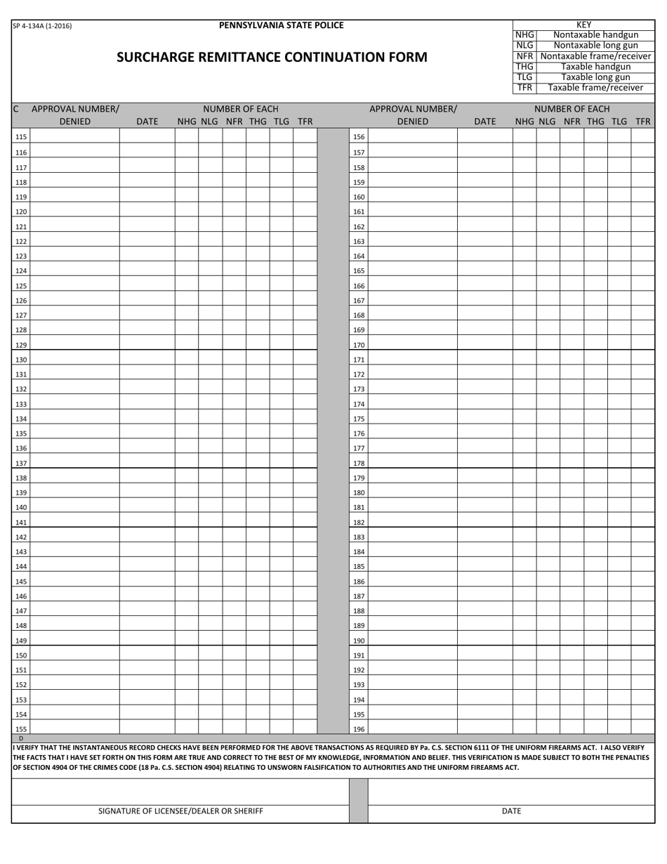 Form SP4-134A Surcharge Remittance Continuation Form - Pennsylvania, Page 2