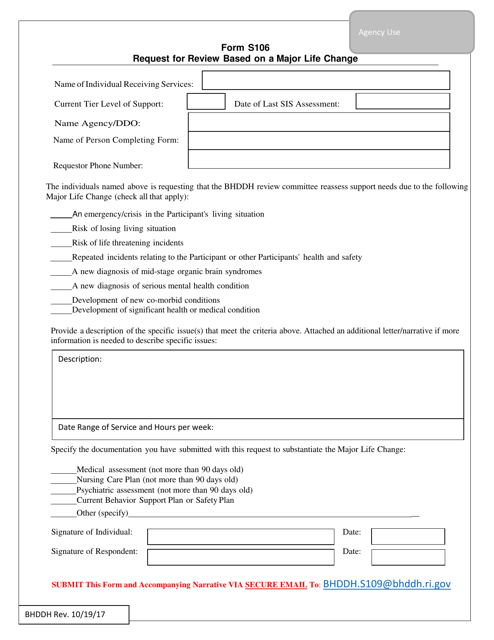 BHDDH Form S106 Request for Review Based on a Major Life Change - Rhode Island