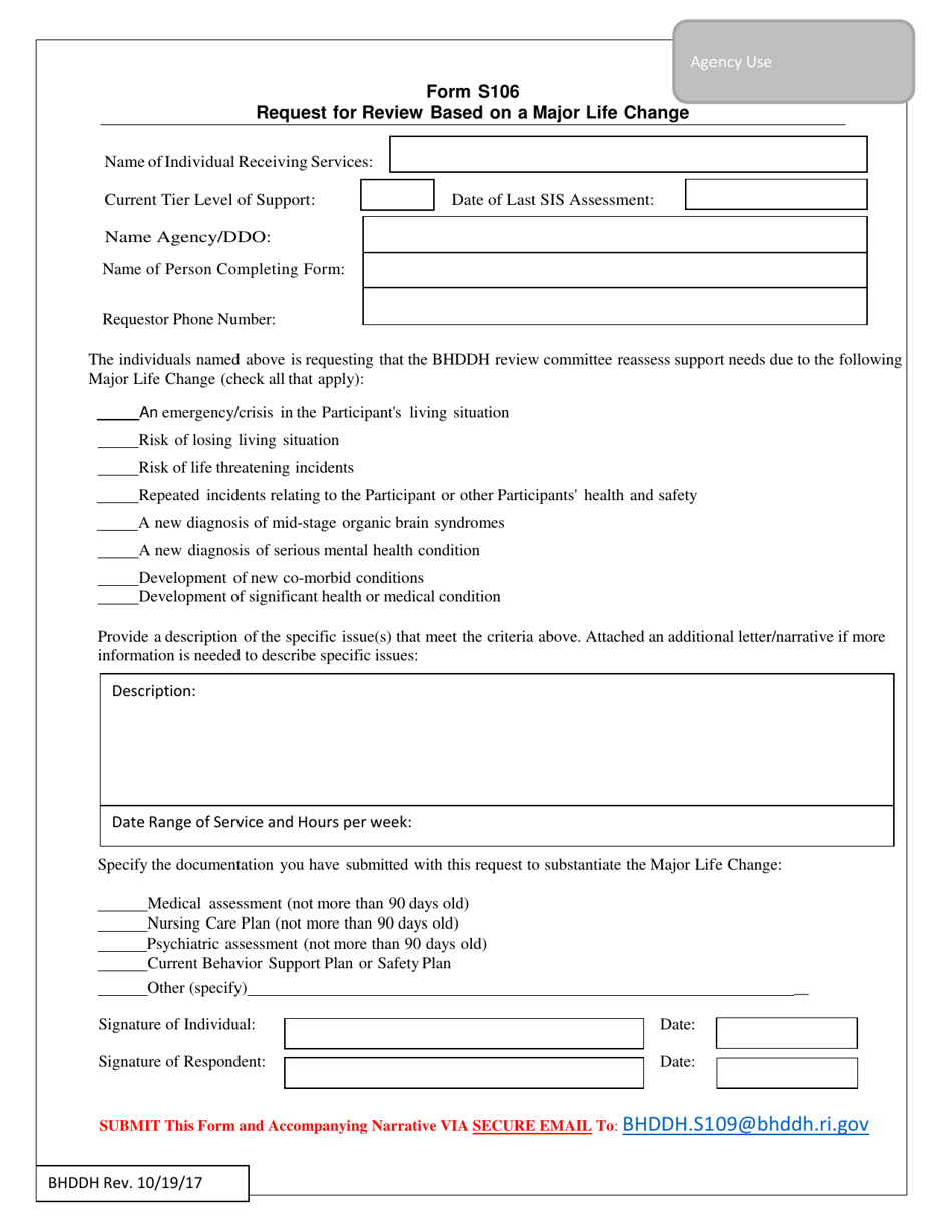 BHDDH Form S106 Request for Review Based on a Major Life Change - Rhode Island, Page 1