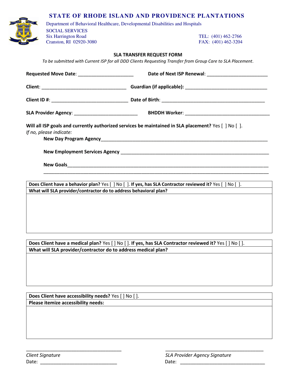 Sla Transfer Request Form - Rhode Island, Page 1