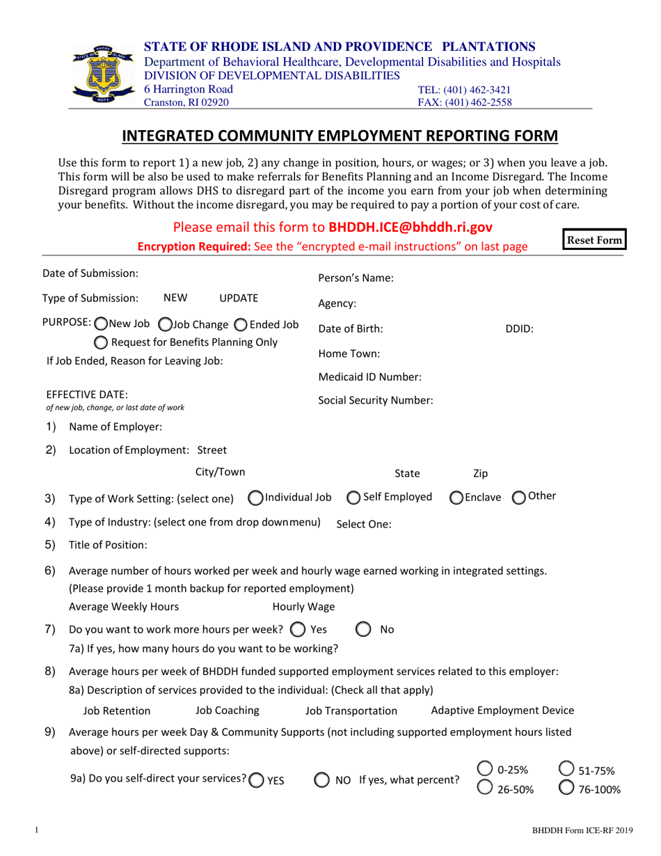 BHDDH Form ICE-RF Integrated Community Employment Reporting Form - Rhode Island, Page 1