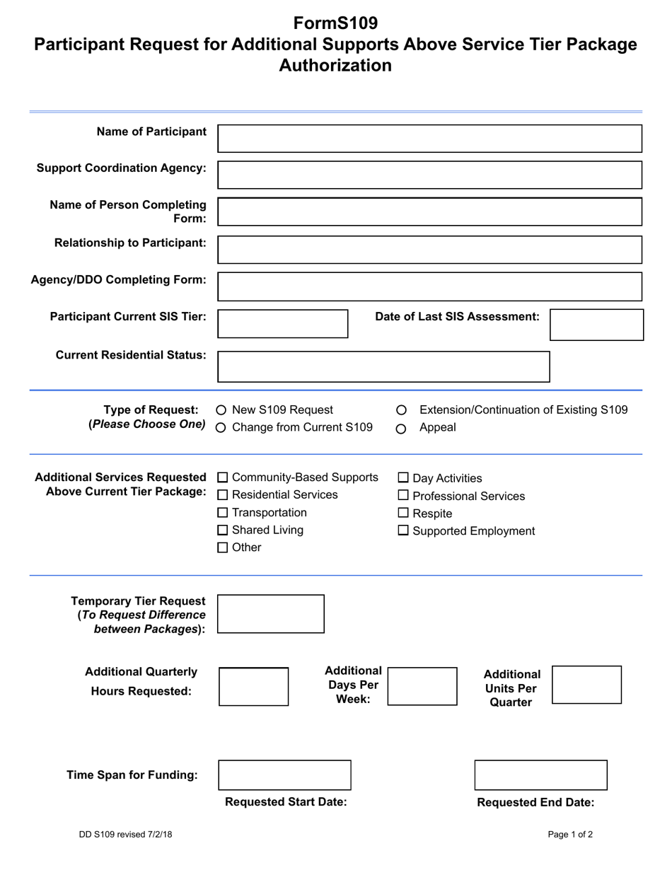 BHDDH Form S109 Participant Request for Additional Supports Above Service Tier Package Authorization - Rhode Island, Page 1
