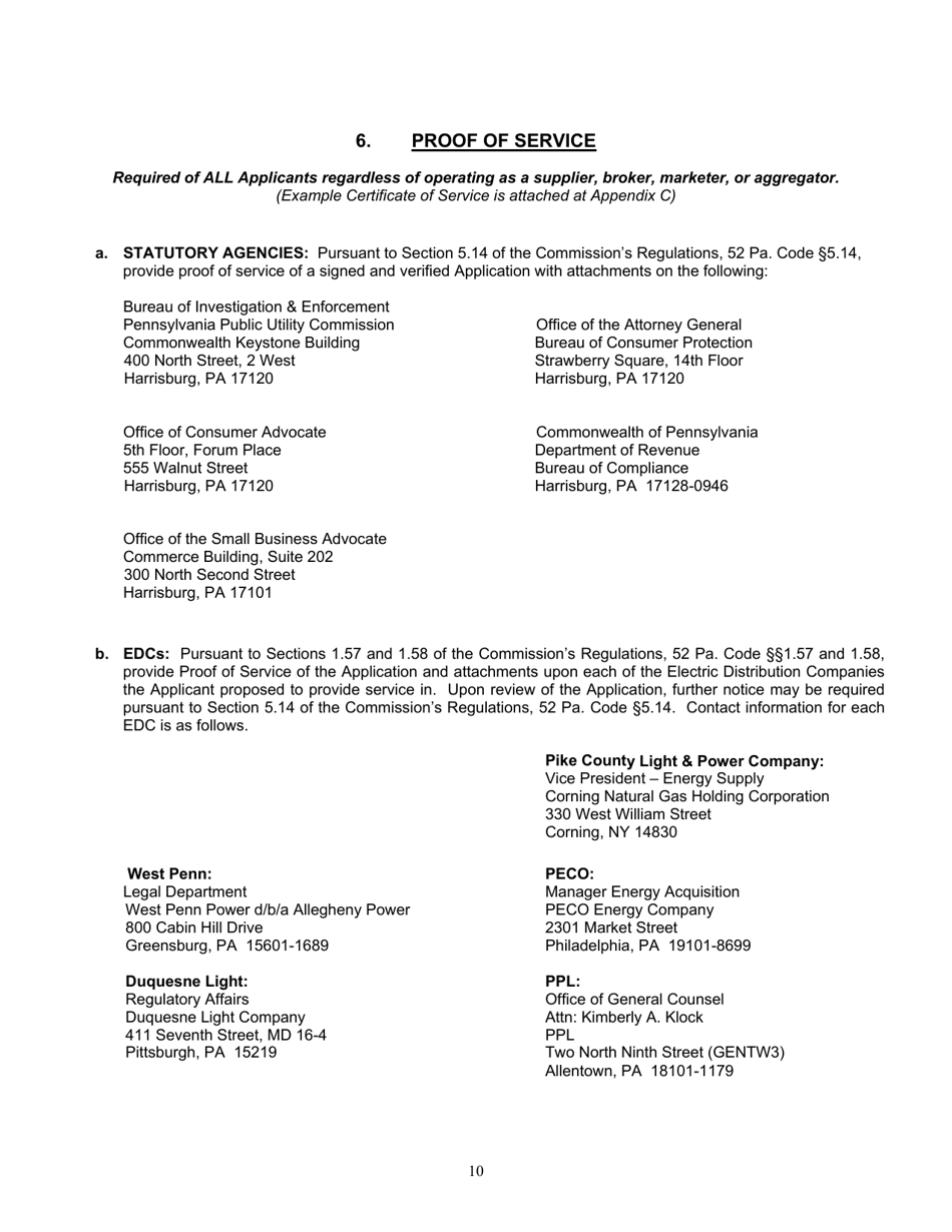 Application Form for Parties Wishing to Offer, Render, Furnish, or Supply Electricity or Electric Generation Services to the Public in the Commonwealth of Pennsylvania - Pennsylvania, Page 10