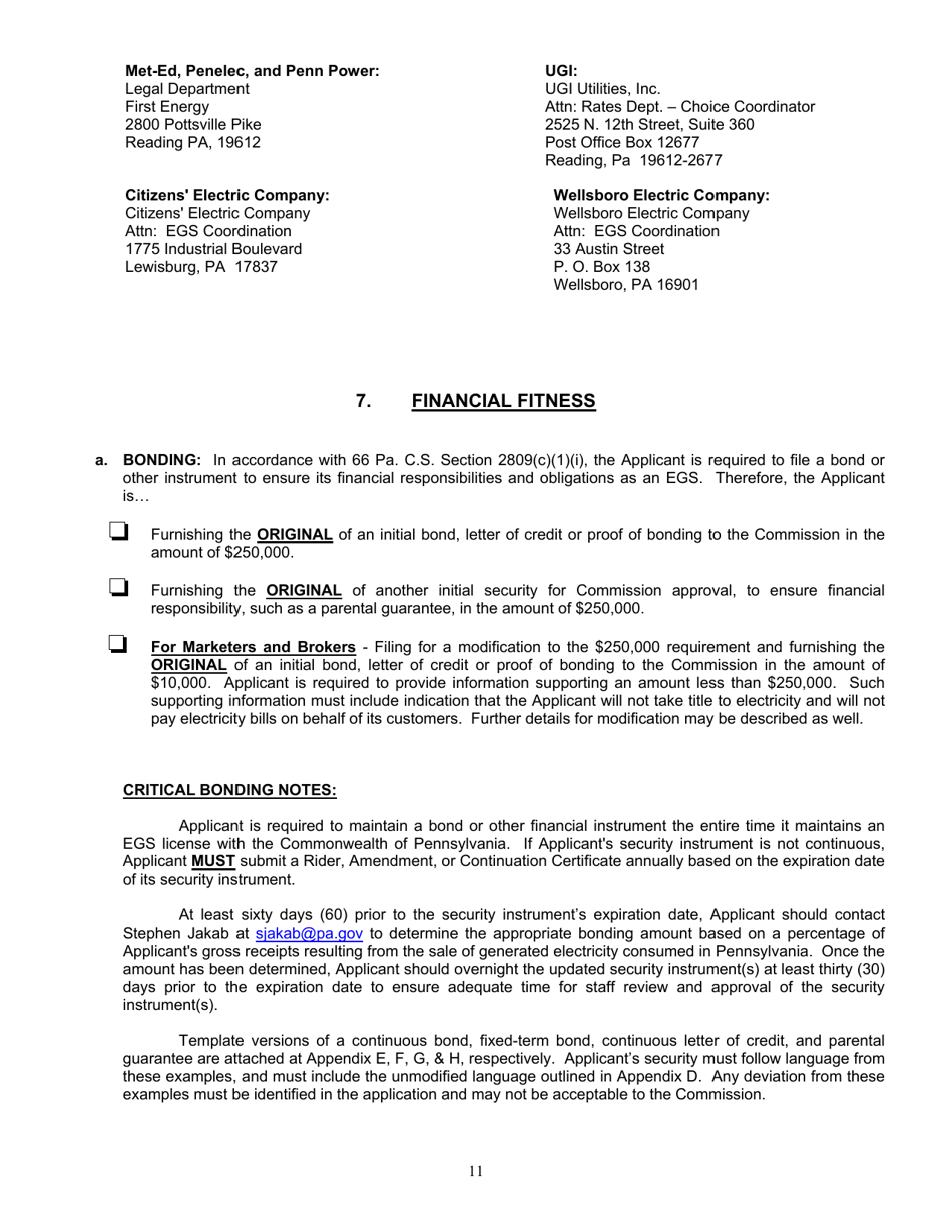 Application Form for Parties Wishing to Offer, Render, Furnish, or Supply Electricity or Electric Generation Services to the Public in the Commonwealth of Pennsylvania - Pennsylvania, Page 11