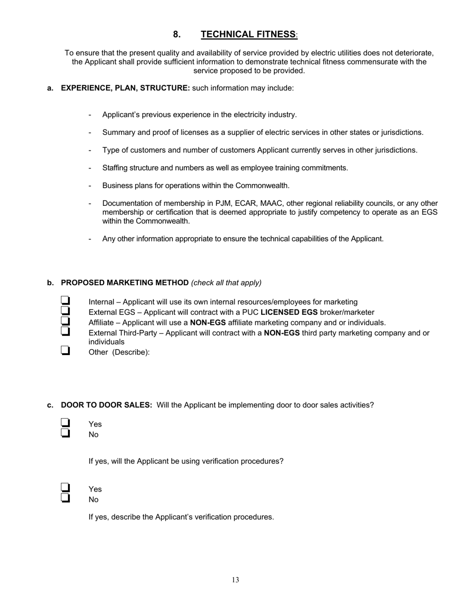Application Form for Parties Wishing to Offer, Render, Furnish, or Supply Electricity or Electric Generation Services to the Public in the Commonwealth of Pennsylvania - Pennsylvania, Page 13