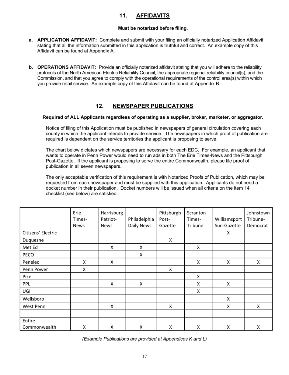 Application Form for Parties Wishing to Offer, Render, Furnish, or Supply Electricity or Electric Generation Services to the Public in the Commonwealth of Pennsylvania - Pennsylvania, Page 17