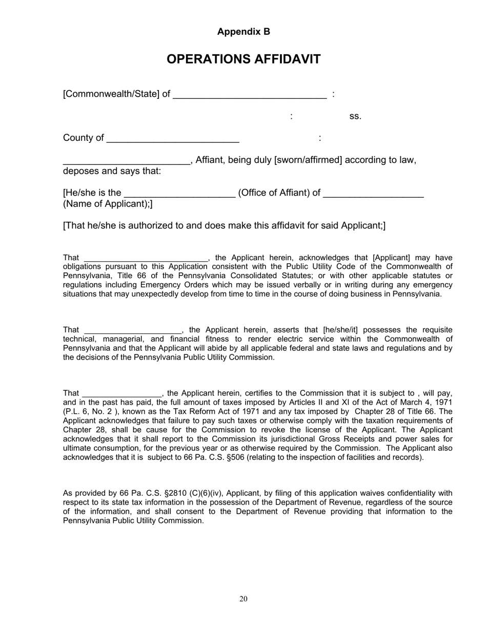 Application Form for Parties Wishing to Offer, Render, Furnish, or Supply Electricity or Electric Generation Services to the Public in the Commonwealth of Pennsylvania - Pennsylvania, Page 20