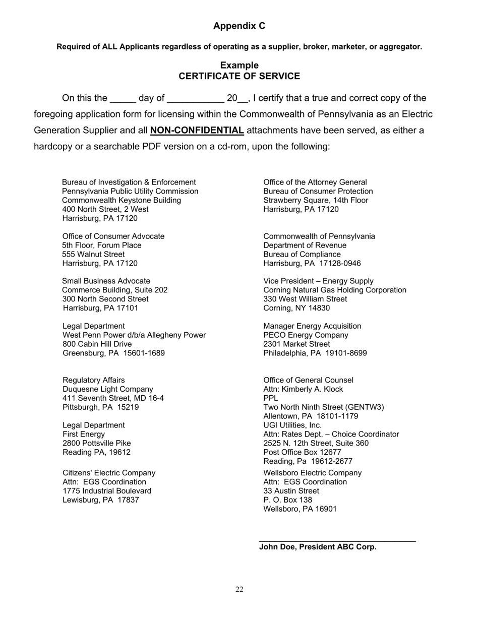 Application Form for Parties Wishing to Offer, Render, Furnish, or Supply Electricity or Electric Generation Services to the Public in the Commonwealth of Pennsylvania - Pennsylvania, Page 22