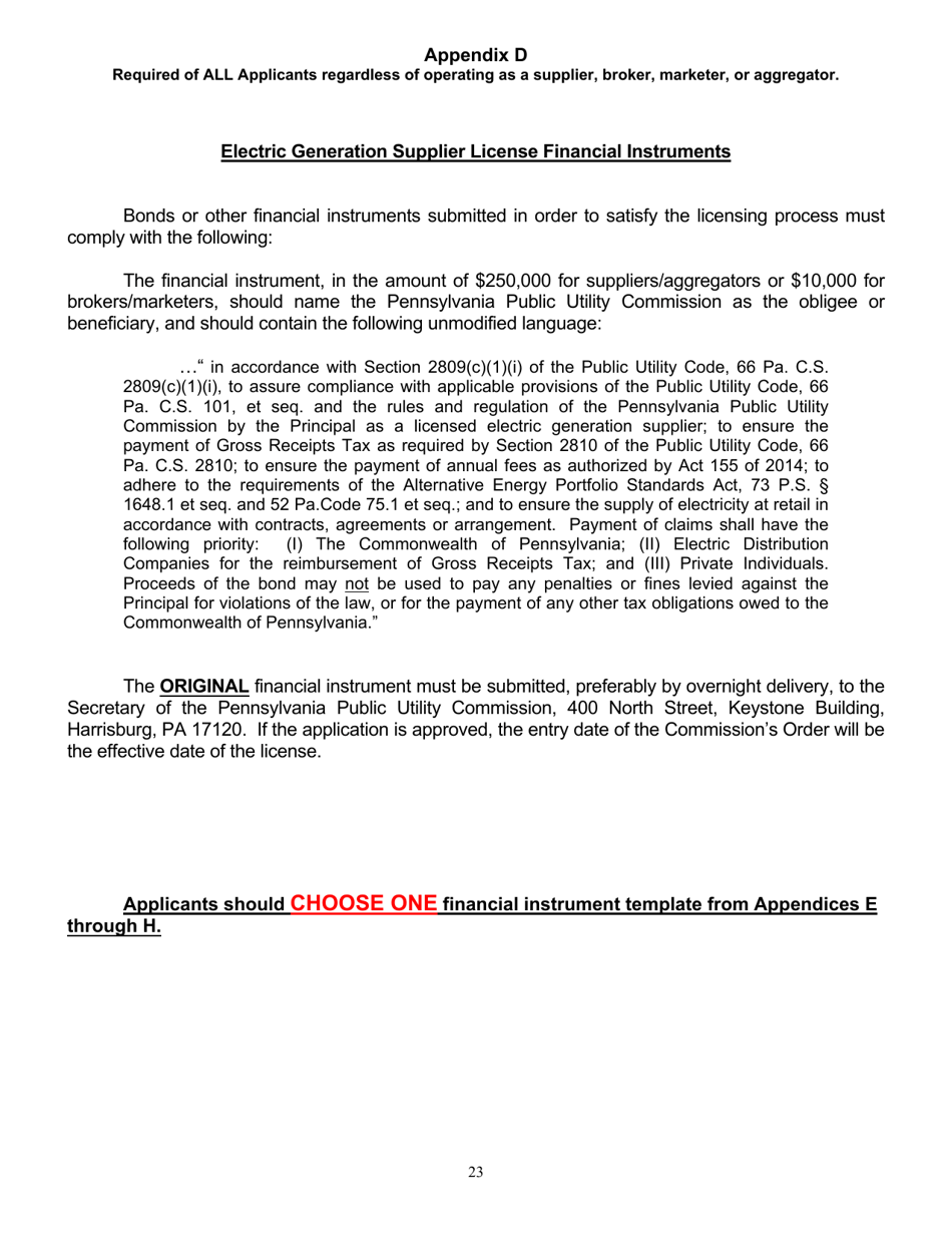 Application Form for Parties Wishing to Offer, Render, Furnish, or Supply Electricity or Electric Generation Services to the Public in the Commonwealth of Pennsylvania - Pennsylvania, Page 23