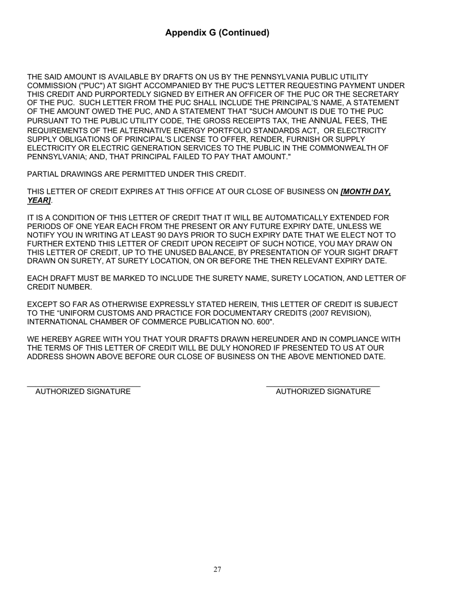 Application Form for Parties Wishing to Offer, Render, Furnish, or Supply Electricity or Electric Generation Services to the Public in the Commonwealth of Pennsylvania - Pennsylvania, Page 27
