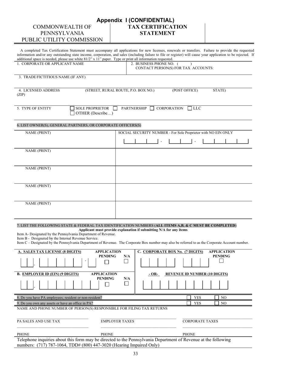 Application Form for Parties Wishing to Offer, Render, Furnish, or Supply Electricity or Electric Generation Services to the Public in the Commonwealth of Pennsylvania - Pennsylvania, Page 33