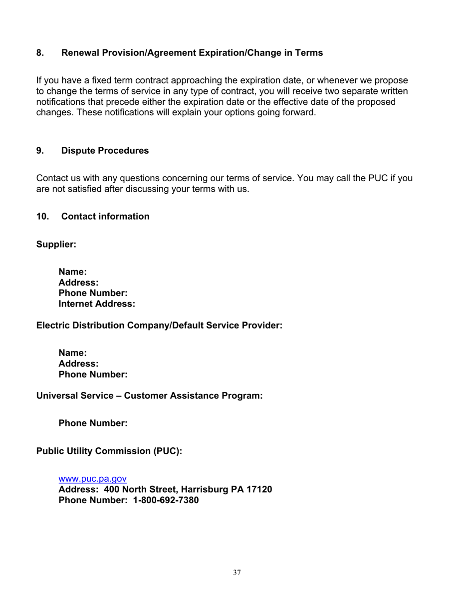 Application Form for Parties Wishing to Offer, Render, Furnish, or Supply Electricity or Electric Generation Services to the Public in the Commonwealth of Pennsylvania - Pennsylvania, Page 37
