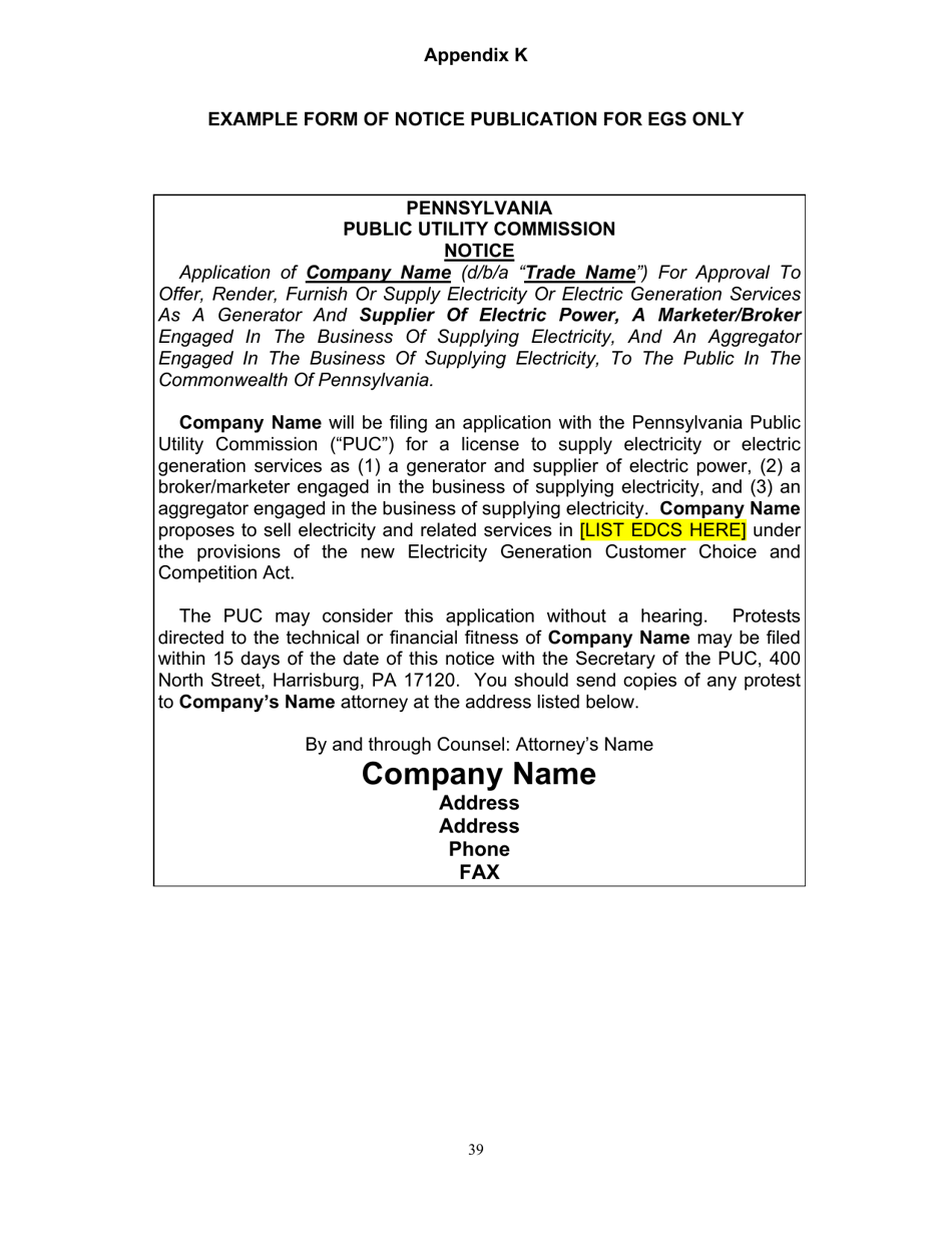Application Form for Parties Wishing to Offer, Render, Furnish, or Supply Electricity or Electric Generation Services to the Public in the Commonwealth of Pennsylvania - Pennsylvania, Page 39