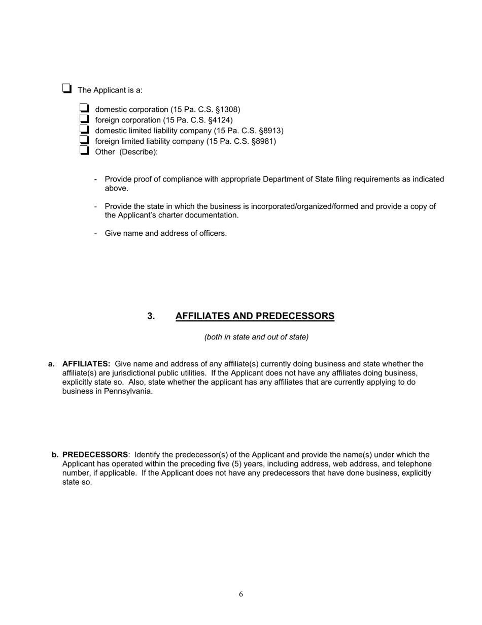 Application Form for Parties Wishing to Offer, Render, Furnish, or Supply Electricity or Electric Generation Services to the Public in the Commonwealth of Pennsylvania - Pennsylvania, Page 6