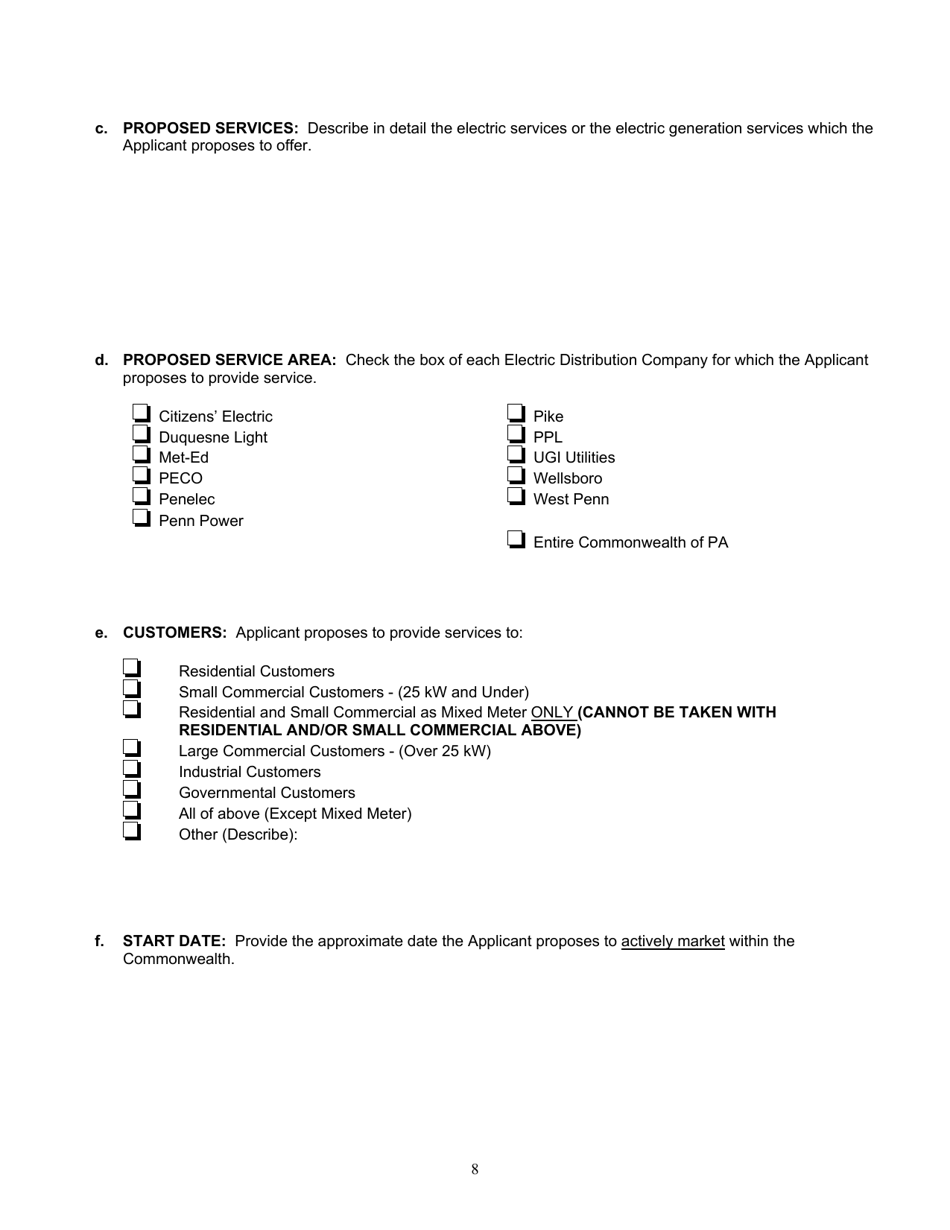 Application Form for Parties Wishing to Offer, Render, Furnish, or Supply Electricity or Electric Generation Services to the Public in the Commonwealth of Pennsylvania - Pennsylvania, Page 8