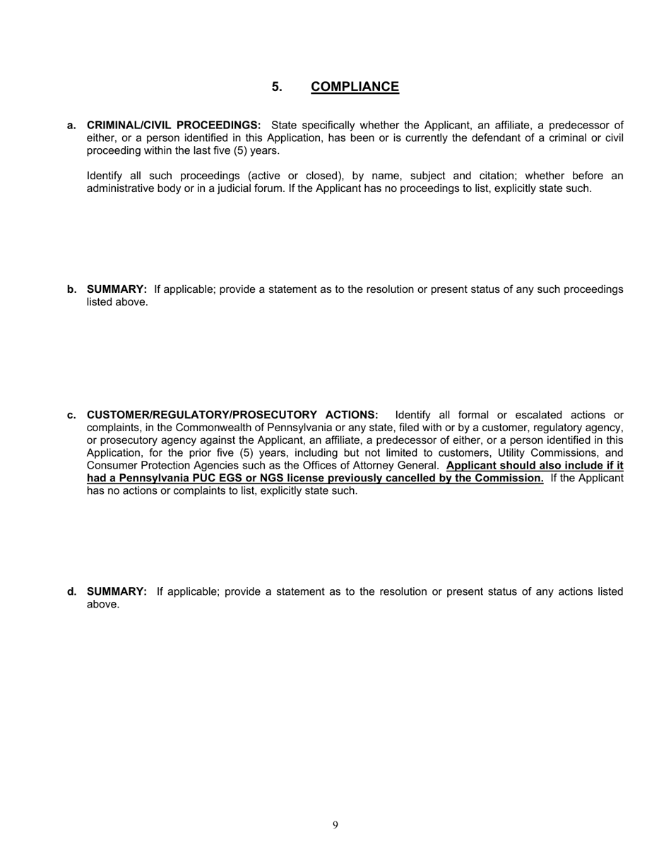 Application Form for Parties Wishing to Offer, Render, Furnish, or Supply Electricity or Electric Generation Services to the Public in the Commonwealth of Pennsylvania - Pennsylvania, Page 9