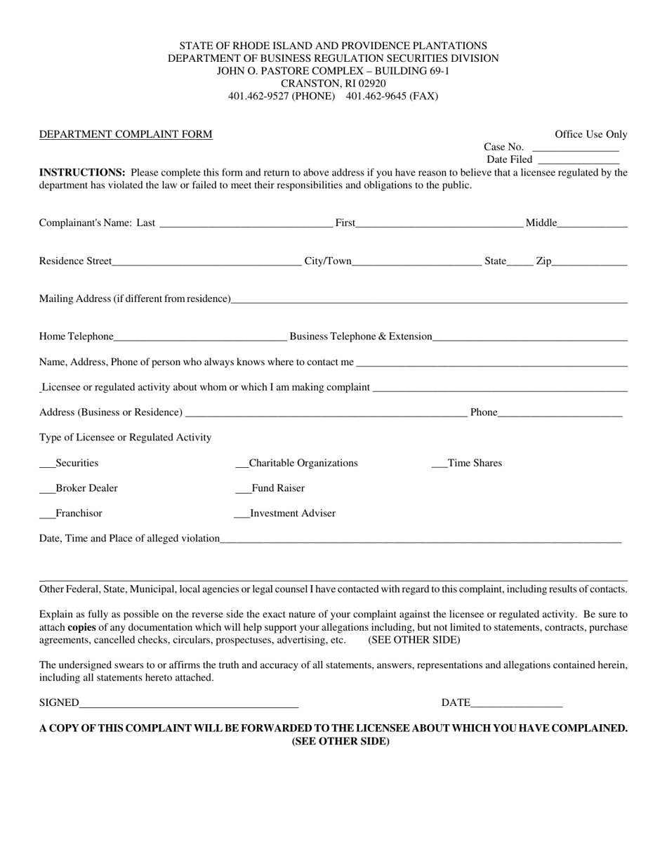 Department Compliant Form - Rhode Island, Page 1