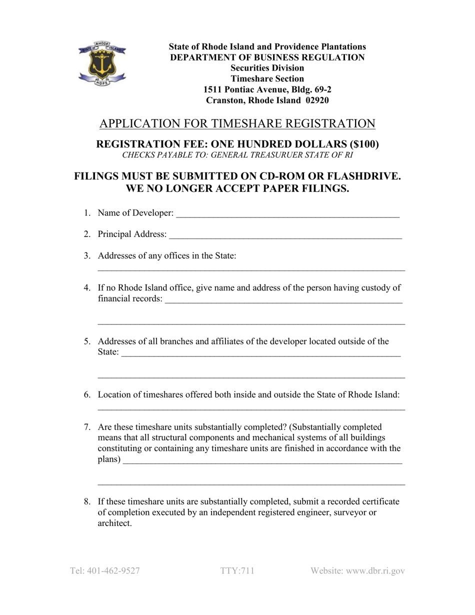 Application for Timeshare Registration - Rhode Island, Page 1