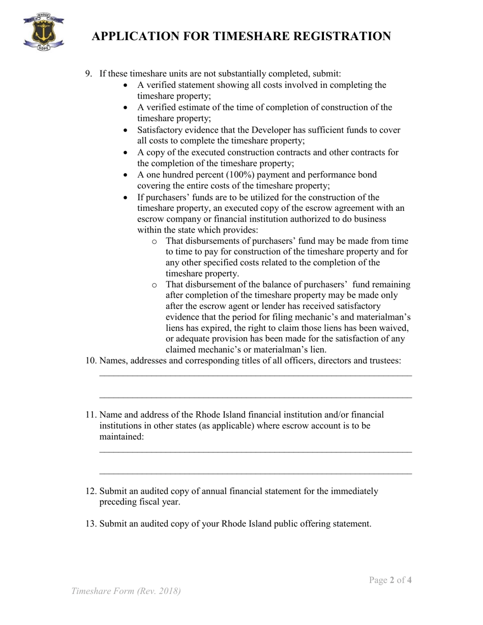Application for Timeshare Registration - Rhode Island, Page 2