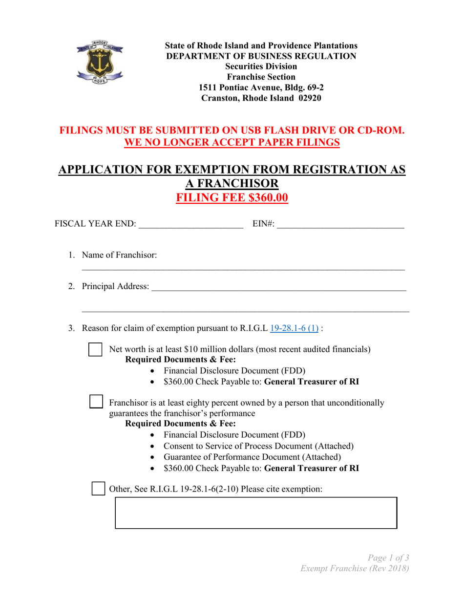 Application for Exemption From Registration as a Franchisor - Rhode Island, Page 1