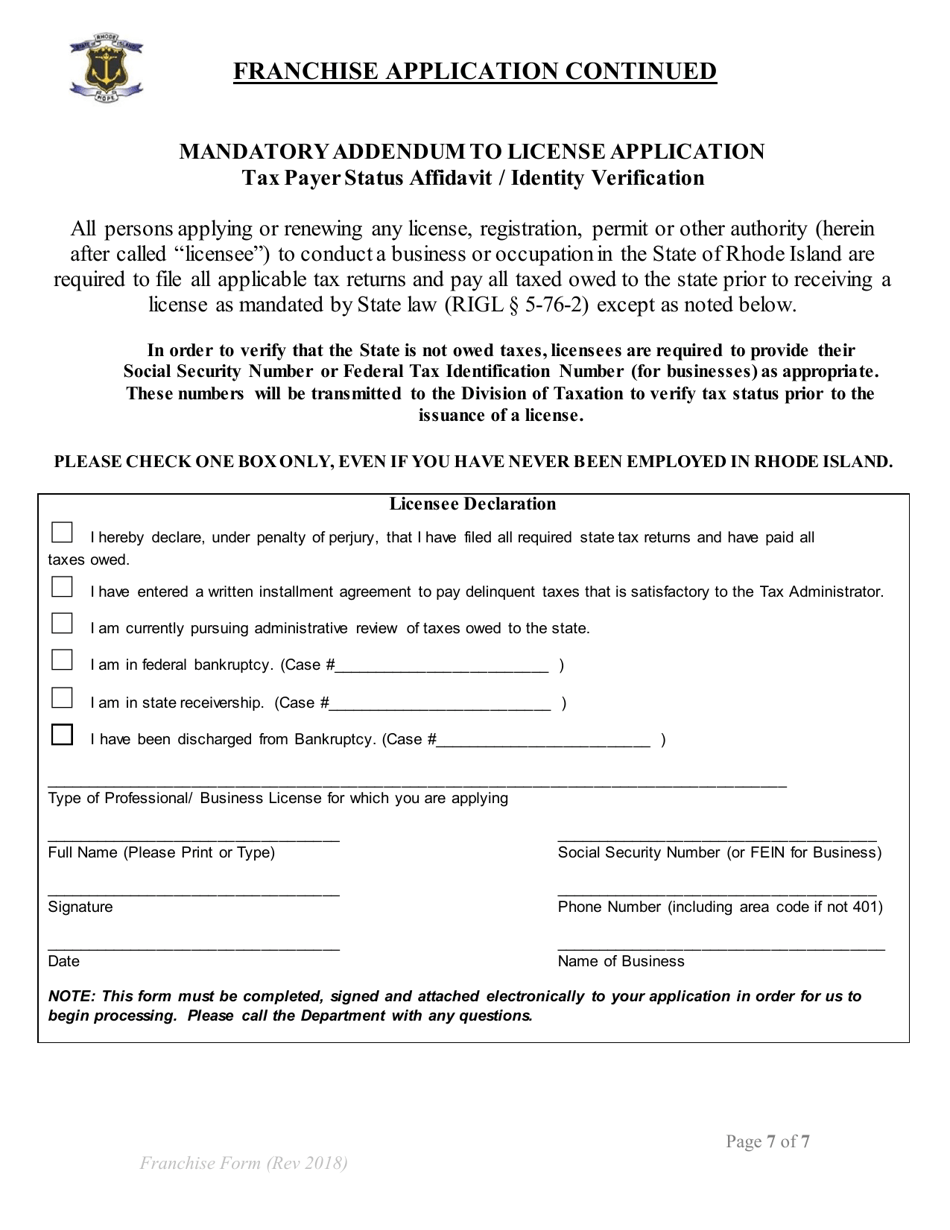 Application for Franchise Registration - Rhode Island, Page 7