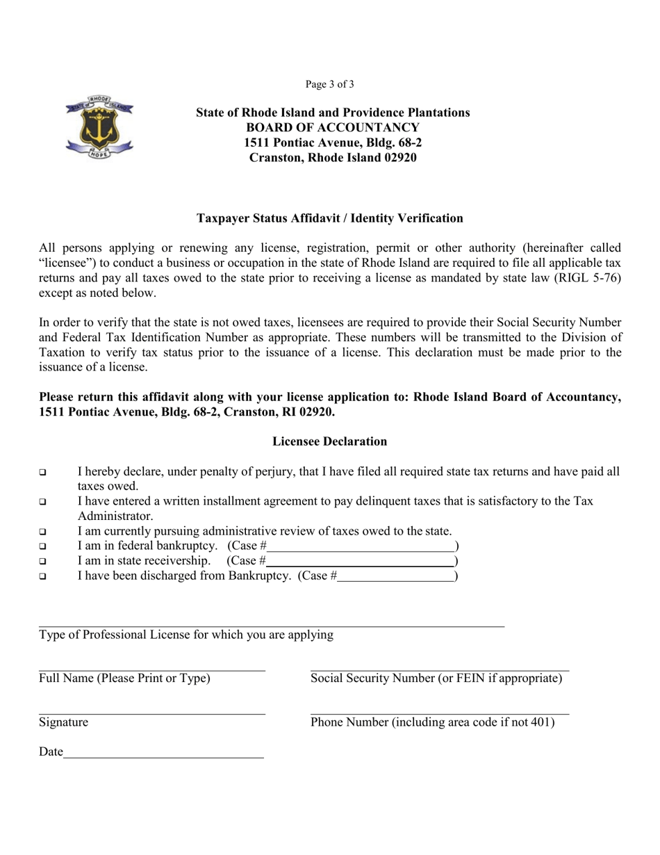 Rhode Island Renewal Application for Individual CPA License Fill Out