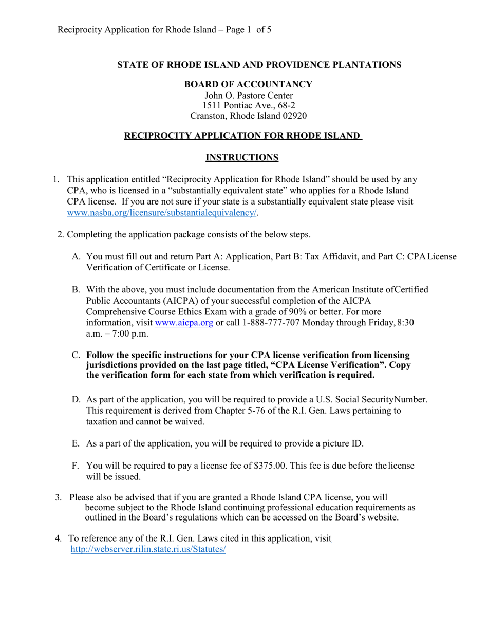 Rhode Island Rhode Island CPA Reciprocity Application Fill Out, Sign