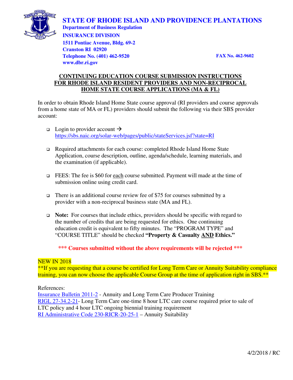 Home State Application for Continuing Education Course Approval - Rhode Island, Page 1