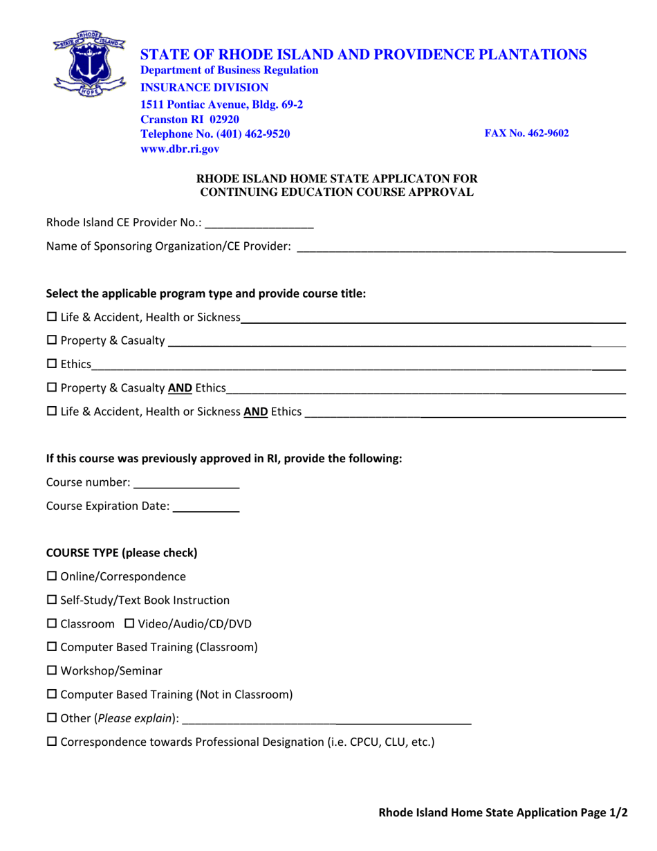 Home State Application for Continuing Education Course Approval - Rhode Island, Page 2