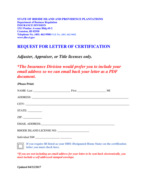 Request for Letter of Certification - Rhode Island Download Pdf
