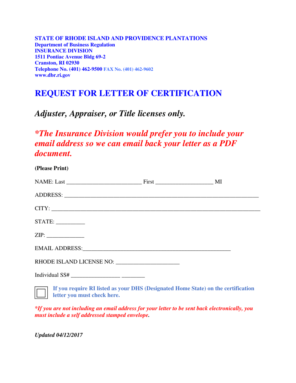 Rhode Island Request for Letter of Certification Fill Out Sign