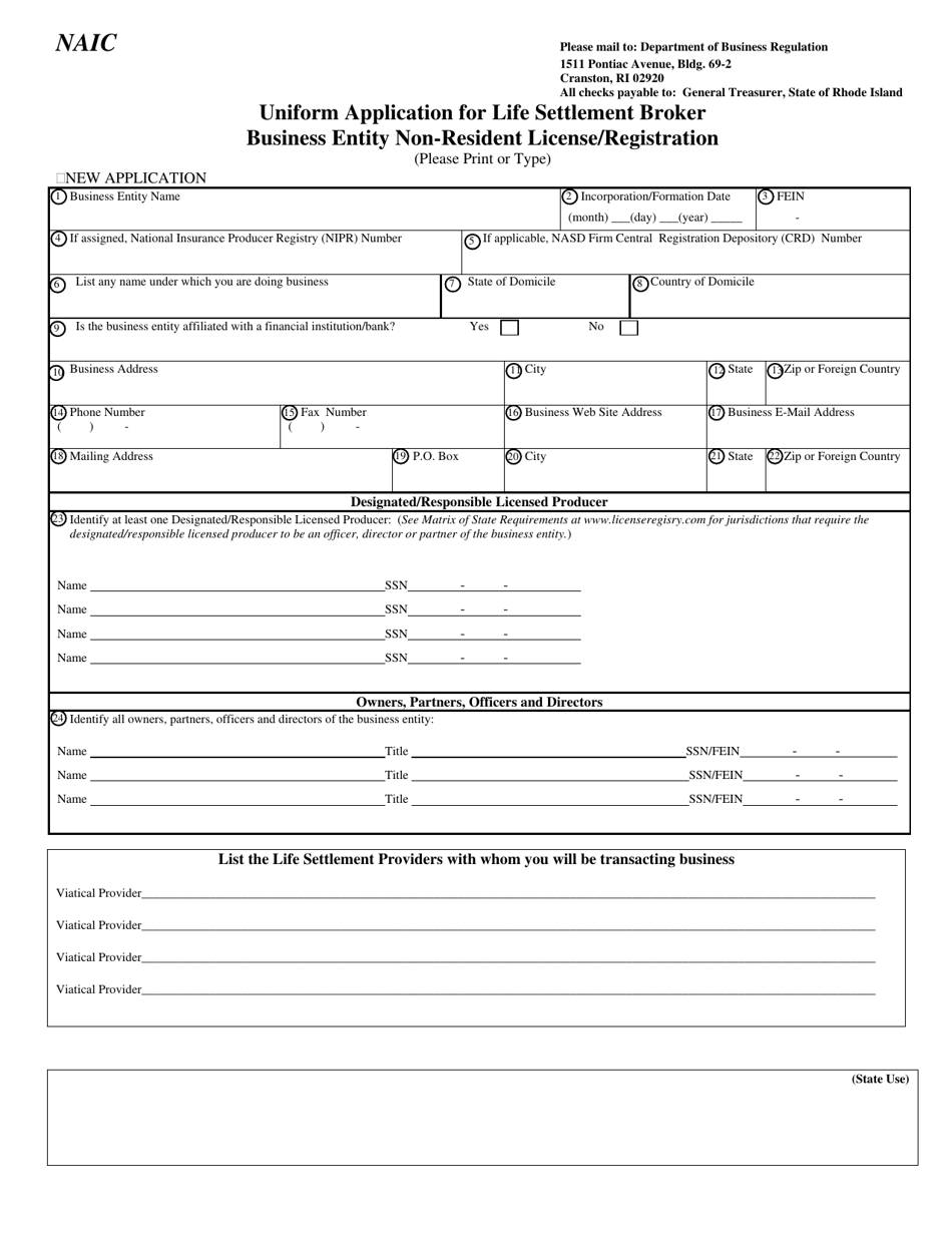 Uniform Application for Life Settlement Broker Business Entity Non-resident License / Registration - Rhode Island, Page 1