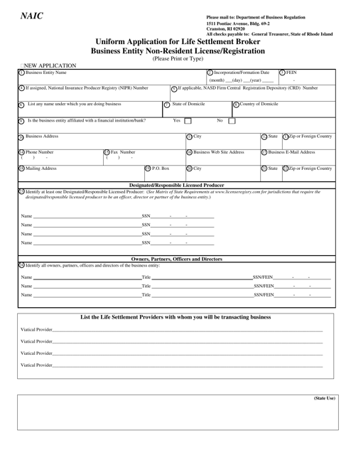 Uniform Application for Life Settlement Broker Business Entity Non-resident License / Registration - Rhode Island Download Pdf
