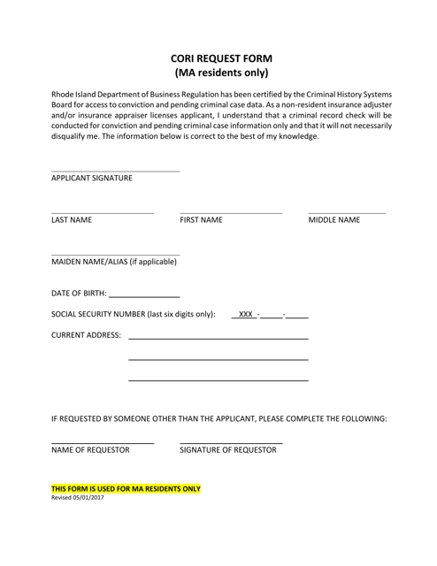 Cori Request Form (Ma Residents Only) - Rhode Island Download Pdf