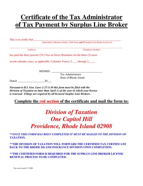 Certificate of the Tax Administrator of Tax Payment by Surplus Line Broker - Rhode Island