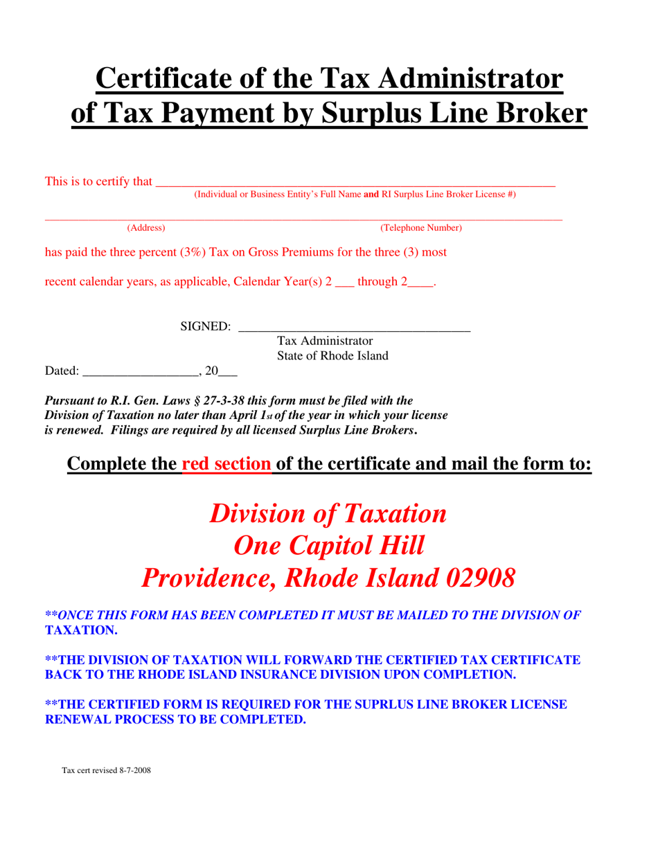 Certificate of the Tax Administrator of Tax Payment by Surplus Line Broker - Rhode Island, Page 1