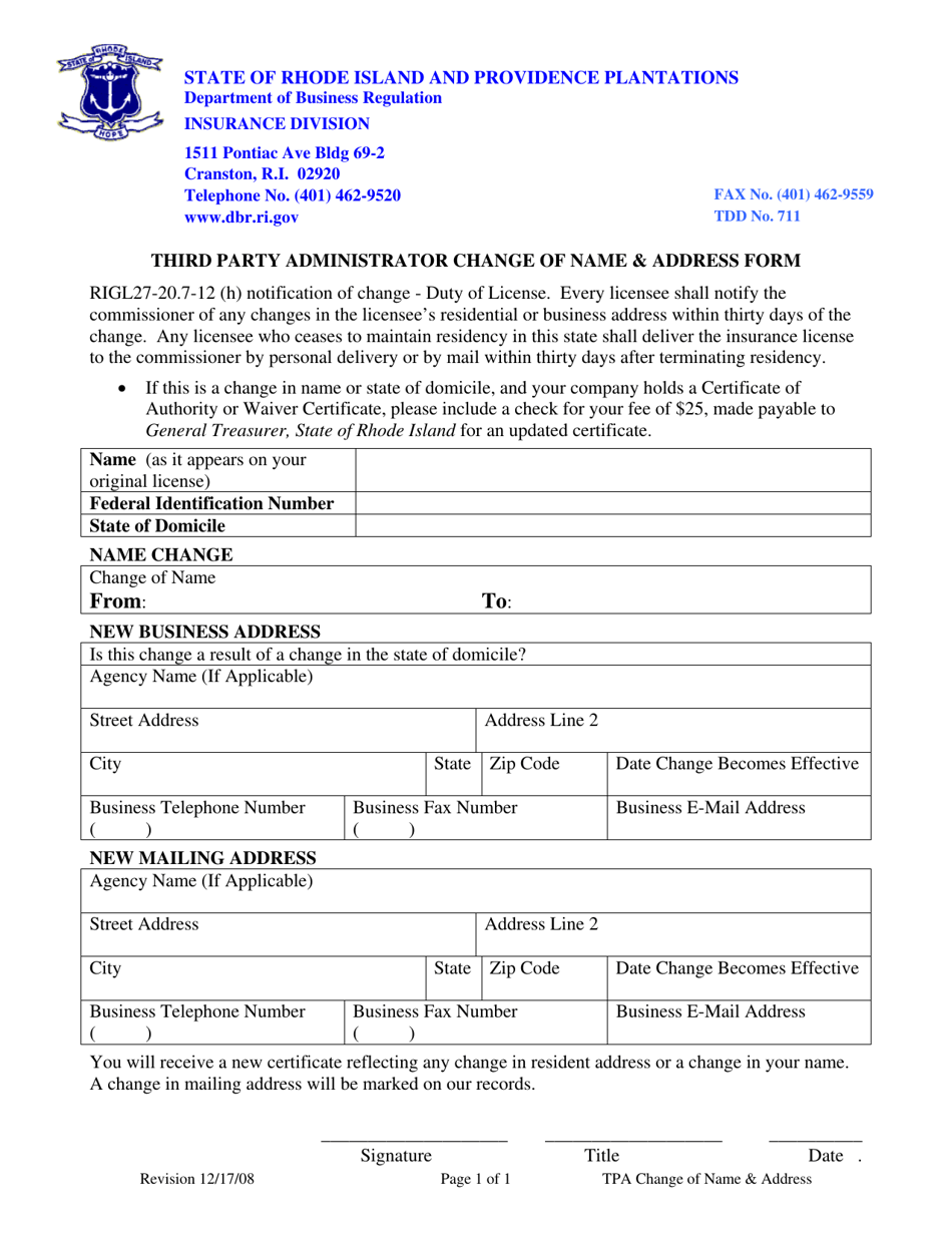 Third Party Administrator Change of Name  Address Form - Rhode Island, Page 1