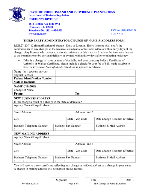&quot;Third Party Administrator Change of Name &amp; Address Form&quot; - Rhode Island Download Pdf
